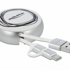 Cablu de date si incarcare USB 2.0 la micro USB-B + USB-C Alb/Argintiu, Delock 85821