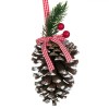 Ornament Brad Crăciun, Lemn, Con Cu Ramură și Panglică Carouri, 15cm, Roșu, Oem