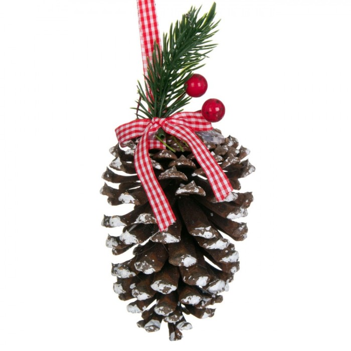 Ornament Brad Crăciun, Lemn, Con Cu Ramură și Panglică Carouri, 15cm, Roșu