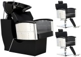 Set scafă coafor Modus, unitate de spălare, 2 scaune hidraulice pivotante, suport pentru picioare, bol ceramic, accesorii