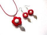 set colier si cercei cu howlite rosu si jad alb 43366
