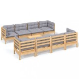 Set mobilier de gradina cu perne gri, 9 piese, lemn masiv pin