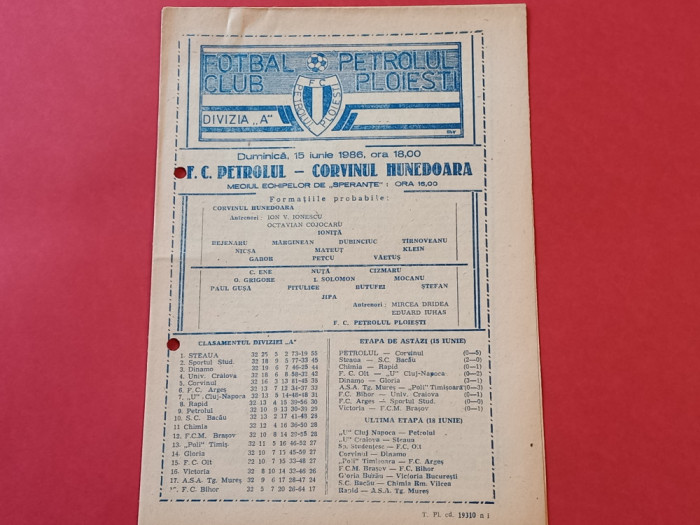 Program meci fotbal PETROLUL PLOIESTI - CORVINUL HUNEDOARA (15.06.1986)