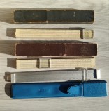 Lot 3 Rigle de Calcul Logaritmice Vintage (REISS Aluminiu, URSS Leningrad, Lemn) cu etuiuri originale