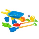Set Jucarii Plaja Roaba cu 7 Accesorii: Galeata, Lopata, Grebla, Stropitoare, Forme Nisip. Carucior Plastic Colorat, +2 ani