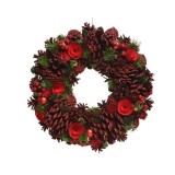 Cumpara ieftin Decoratiune - Wreath Pnecone Berries, Baubles, Wooden Flowers, Glitter - Red | Kaemingk