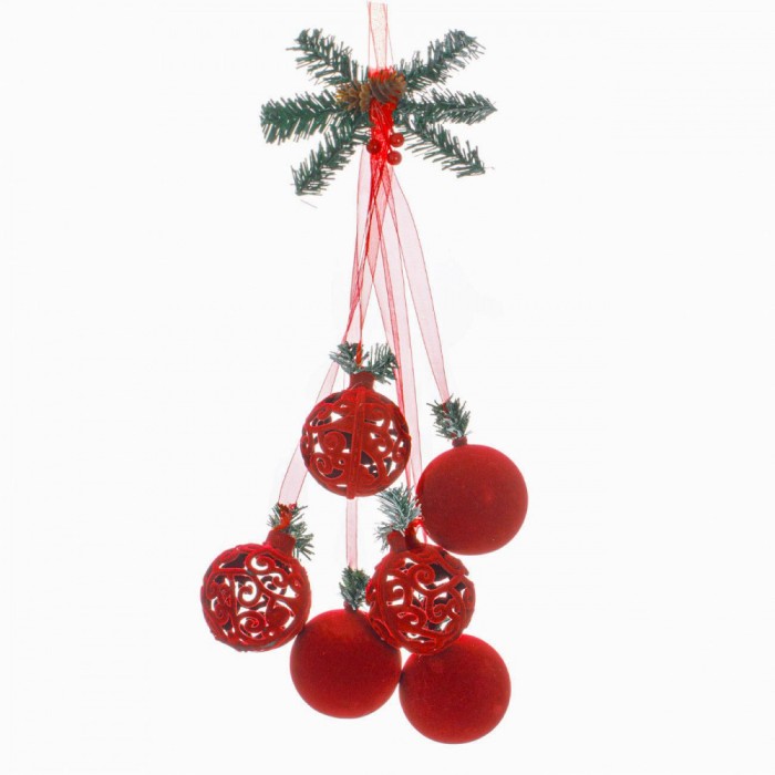 Ghirlandă Decorativă Crăciun, Model Crenguță, 6 Globuri Roșii, 40cm