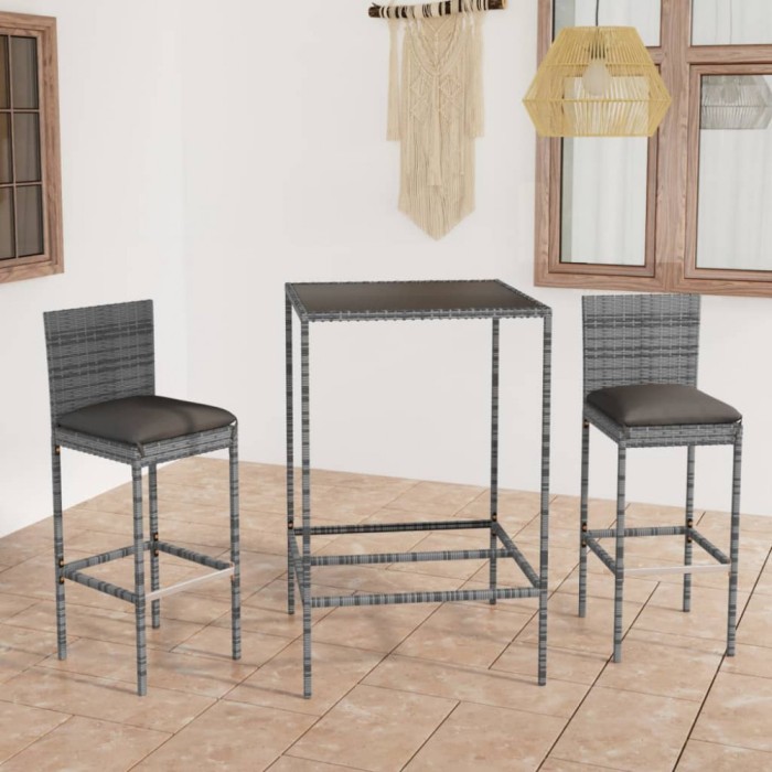 Set mobilier bar de gradina, cu perne, 3 piese, gri, poliratan GartenMobel Dekor