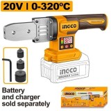 Aparat sudura tevi PPR INGCO PTWTLI2018, 20V, temperatura 0-320&deg;C, bacuri 20/25/32mm, pentru tevi PP-R/PB/PE/PE-RT, 3 capete incluse, cheie imbus, far