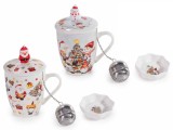 Cumpara ieftin Set 4 cani, 4 infuzoare ceai, 4 farfurioare Craciun portelan multicolor &Oslash; 8,5 cm x 10,5 H, 350 ml