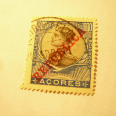 Timbru Azore 1910 supratipar Republica / Rege Manuel II , val. 1000 r. stamp.