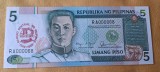 5 Piso 1989 - Bancnota Filipine - piesa SUPERBA - UNC, Serie RA 000068