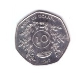 Moneda Uganda 10 shillings 1987, stare foarte buna, cu luciu