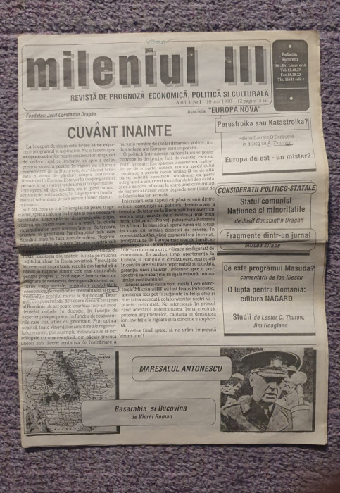 Revista Mileniul III, anul 1, nr 1, 10 Mai 1990, Josif Constantin Dragan, 12 pag