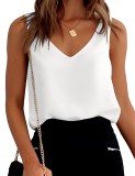 Tricou de damă din satin cu bretele, model basic, tip cami, vestă de vară, tricou casual cu decolteu &icirc;n V, tricouri fără m&acirc;neci, bluze, Alb, XXL