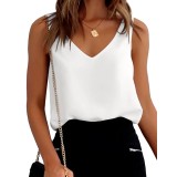 Tricou de damă din satin cu bretele, model basic, tip cami, vestă de vară, tricou casual cu decolteu &icirc;n V, tricouri fără m&acirc;neci, bluze, Alb, XXL