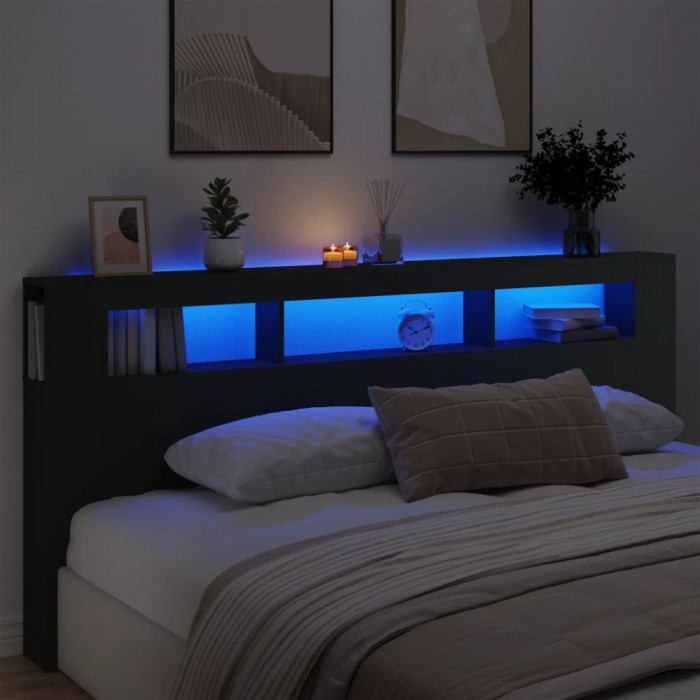 Tablie de pat cu LED, negru, 220x18,5x103,5 cm, lemn GartenMobel Dekor