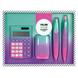 Set Cadou Milan Sunset: Ascutitoare Compact, Pix Compact cu Cerneala Albastra, Creion Mecanic Compact 0.7 mm, Calculator, 155x210x40 mm, Multicolor, S