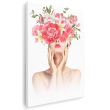 Tablou portret femeie cu bujori si crini pe cap, roz 1348 Tablou canvas pe panza CU RAMA 70x100 cm