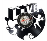 Ceas de Perete Decorativ Disc Vinil, Model Love Cupidon, Text 3D Inimi Negru, 30cm