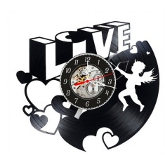 Ceas de perete decorativ realizat din disc de vinil, Model Love si Cupidon, Text 3D Love, Inimi Decupate, Negru Premium, 30 cm