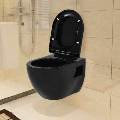 vidaXL Vas de toaletă cu montare pe perete, ceramică, negru foto