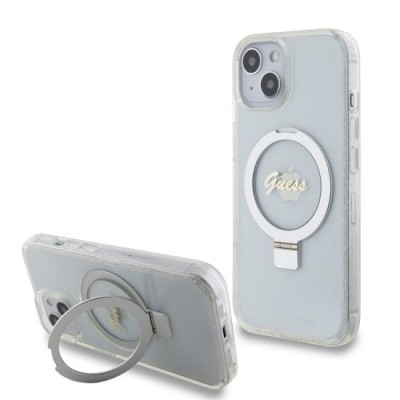 Husa pentru iPhone 15 / iPhone 14 / iPhone 13 - Guess Ring Stand Script Glitter MagSafe (GUHMP15SHRSGSD) - Clear foto