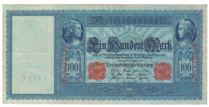 SV * Germania 100 MARK 1910 , 21 aprilie * VF +
