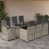 Set mobilier gradina vidaXL, 9 piese, poliratan gri deschis, perne incluse, masa sticla neagra 190cm, scaune rabatabile, huse lavabile