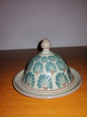 Farfurie untiera ceramica vintage handmade cu capac, semnata foto