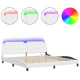 vidaXL Cadru de pat cu lumini LED, alb, 200x200 cm, piele ecologică