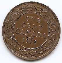 Canada 1 Cent 1916 - George V (with &quot;DEI GRA&quot;) Bronz, 25.5 mm KM-21