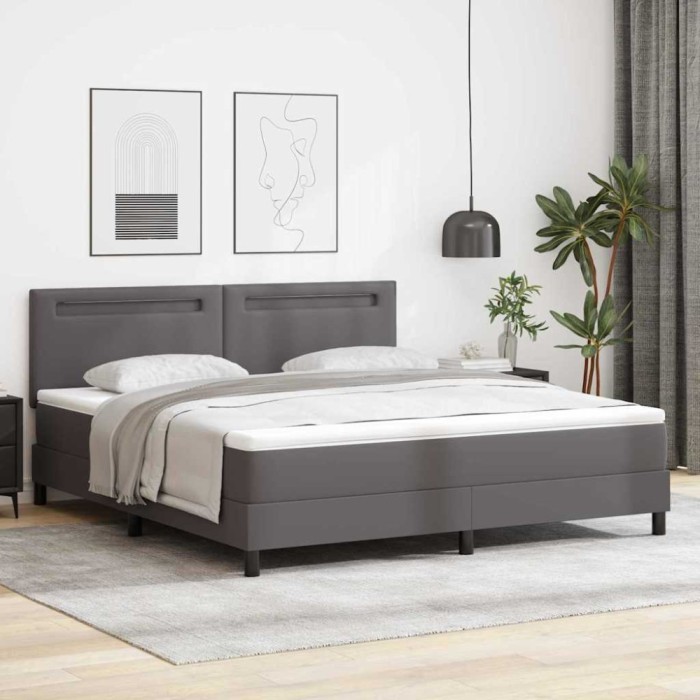 vidaXL Pat Box Spring cu saltea gri, Super King, din piele ecologică