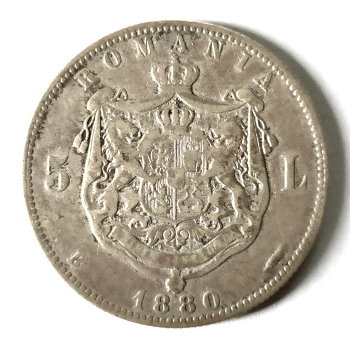 5 LEI 1880 SEMNATURA GRAVORULUI SUB GAT ARGINT