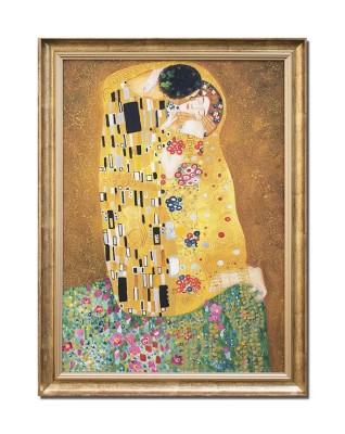 Tablou celebru pictat manual inramat, The Kiss - Sarutul, 80x60cm ulei pe panza, reproducere Gustav Klimt, gata de agatat pe perete foto
