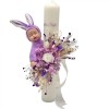 Lumanare pentru botez, alb-mov, 40 cm, cu trandafir criogenat, hortensii criogenate, flori naturale uscate si iepuras somnoros din plus (personalizabi, Eventissimi&reg;