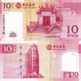 Bancnota Macau 10 Patacas 2013, Banco da China, UNC, Necirculata