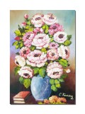 Tablou pictat manual, Vaza cu trandafiri si carti, 50x35cm pictura ulei pe panza, gata de agatat pe perete