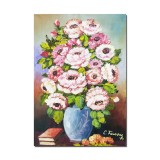 Tablou pictat manual, Vaza cu trandafiri si carti, 50x35cm pictura ulei pe panza, gata de agatat pe perete