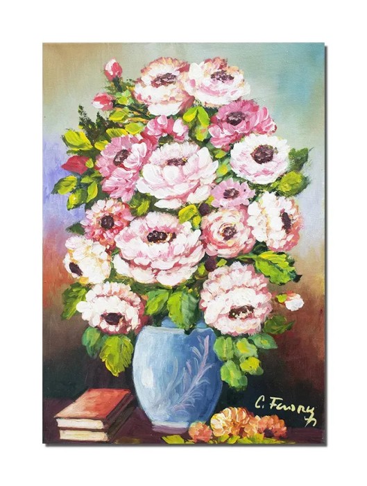 Tablou pictat manual, Vaza cu crizanteme si carti, 50x35cm ulei pe panza, Constantin Feraru