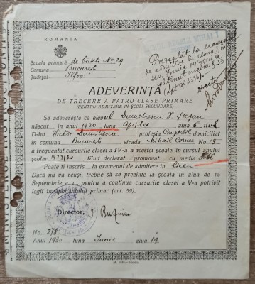 Adeverinta de trecere a patru clase primare Bucuresti 1930 foto