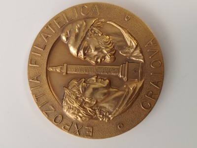 medalie bronz aurit Expozitia Filatelica Craiova , verso ,1750 ani PELENDAVA - 500 ANI ,CRAIOVA . foto