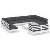 Set mobilier gradina cu perne, 12 piese, alb, lemn masiv pin