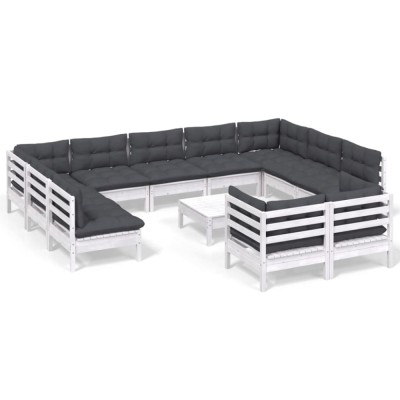 Set mobilier gradina cu perne, 12 piese, alb, lemn masiv pin foto