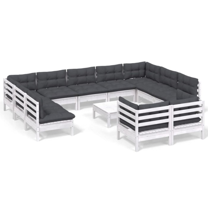 Set mobilier gradina cu perne, 12 piese, alb, lemn masiv pin
