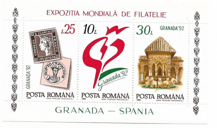 Romania (109c) - Expozitia Mondiala de Filatelie GRANADA&#039;92, 1992, bloc neoblit.