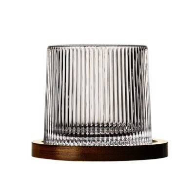 Pahar, pentru whiskey, Stripes, cu baza din lemn, transparent, din sticla, dimensiuni: 11 x 9.2 x 8 cm foto