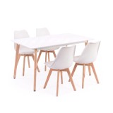 Set Sufragerie Leziter Silla 150 4+1 Alb - Masa 150cm, 4 Scaune, MDF Alb, Picioare Fag