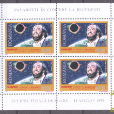 ROMANIA 1999 LP 1489 Pavarotti la Bucuresti bloc de 4 cu margine, Eclipsa MNH