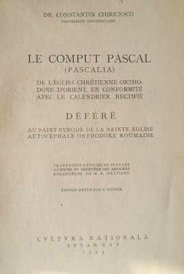 Le Comput Pascal (Pascalia) &amp;Eacute;glise Orthodoxe (Dr. Constantin Chiricesco, 1925) foto